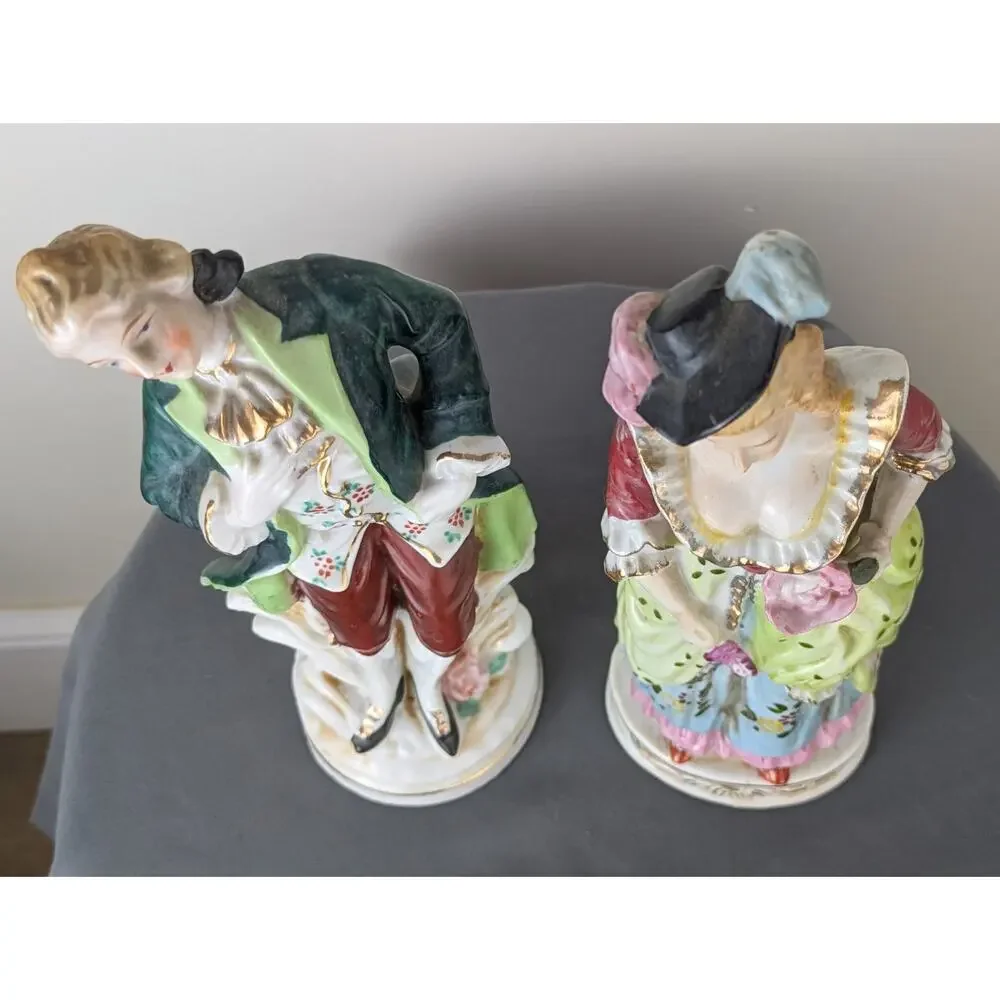 1950s Vintage Japan Victorian Couple Figurines Man Woman Hand Painted Porcelain